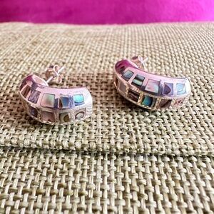 Women’s EARRINGS 925 Sterling Abalone Shell Inlay Pierced Half Hoop fine jewelry